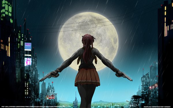 Anime picture 1920x1200 with black lagoon madhouse revy (black lagoon) hiroe rei highres wide image from behind night city spread arms rain city lights girl weapon shirt pantyhose gun building (buildings) full moon