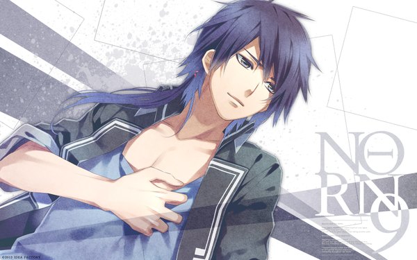 Anime picture 1920x1200 with norn9 (game) idea factory akito shukuri iza (artist) single long hair highres brown eyes blue hair looking away light smile official art text hand on chest english boy uniform school uniform