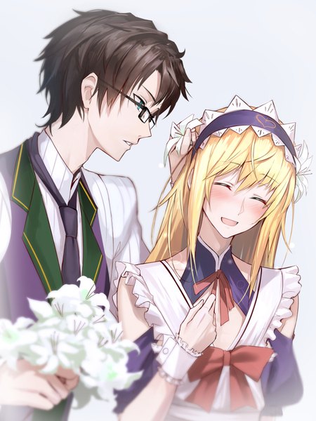 Anime-Bild 750x1000 mit fate (series) fate/grand order fujimaru ritsuka (male) chevalier d'eon (fate/grand order) shijiu (adamhutt) tall image blush open mouth blonde hair brown hair green eyes upper body eyes closed profile maid embarrassed androgynous boy uniform flower (flowers)