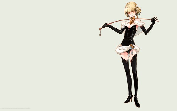 Anime picture 1920x1200 with shoujo mahou gaku little witch romanesque littlewitch olivia (little witch romanesque) oyari ashito single looking at viewer fringe highres short hair breasts light erotic simple background blonde hair smile wide image large breasts standing full body blunt bangs hair bun (hair buns)