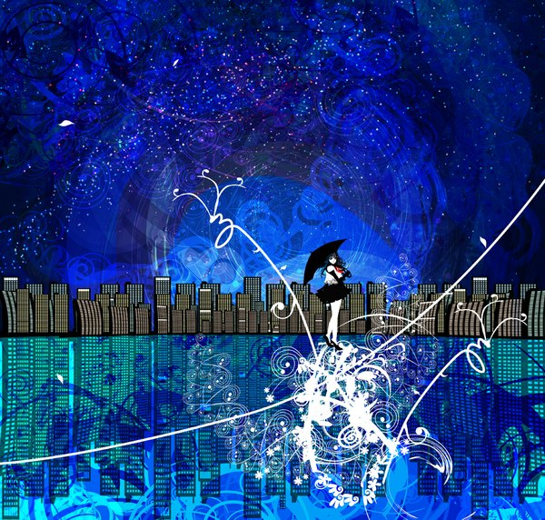Anime picture 1016x969 with original kazaana single long hair looking at viewer black hair sky pleated skirt black eyes night sky city reflection abstract girl skirt gloves water umbrella skyscraper