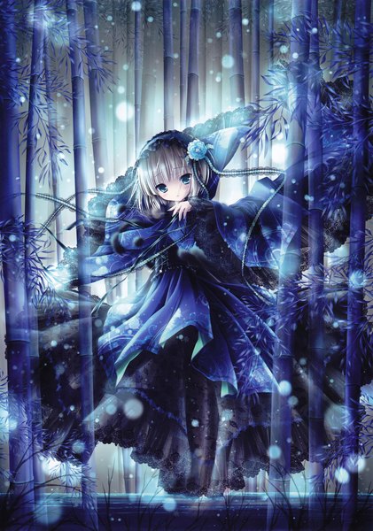 Anime picture 2157x3071 with original eshi 100-nin ten tinker bell single tall image fringe highres short hair blue eyes silver hair blunt bangs loli snowing winter girl dress plant (plants) frills hairband snowflake (snowflakes)