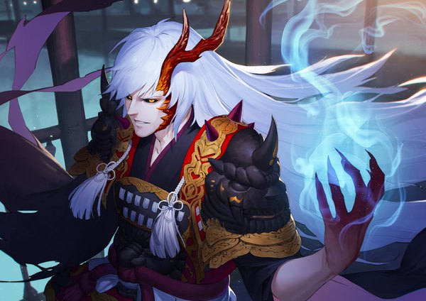 Anime picture 1737x1228 with onmyoji ibaraki douji (onmyoji) daye bie qia lian single long hair fringe highres signed yellow eyes white hair horn (horns) depth of field magic slit pupils black sclera boy armor tassel spaulder (spaulders) claws