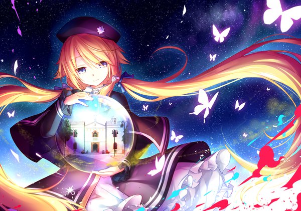 Anime picture 1600x1125 with original magi in wanchin basilica xiao ma hika (cross-angel) single blue eyes blonde hair smile twintails holding very long hair wind low twintails space abstract girl dress bow plant (plants) hair bow