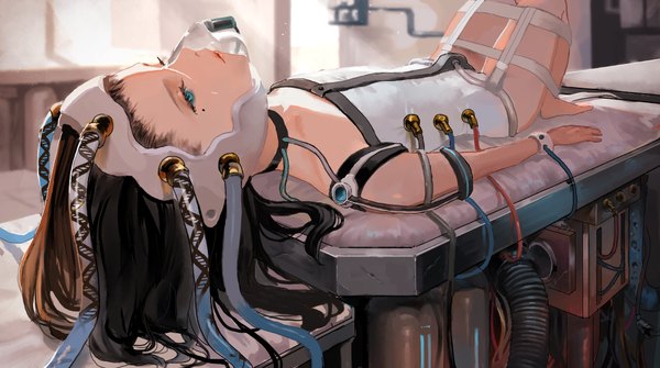 Anime picture 4079x2284 with original denqyellow single long hair highres blue eyes brown hair wide image absurdres bent knee (knees) indoors lying parted lips barefoot lips on back flat chest expressionless girl bandage (bandages)