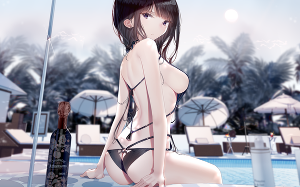 Anime-Bild 1920x1200 mit original atha (leejuiping) single long hair looking at viewer fringe highres breasts light erotic black hair large breasts sitting purple eyes sky outdoors ass blunt bangs looking back light smile from behind