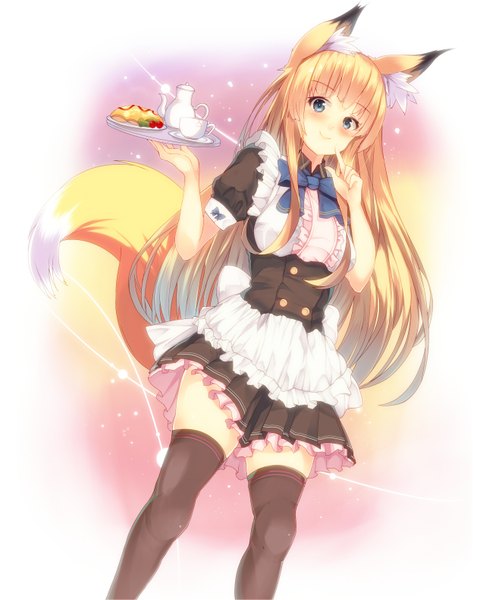 Anime picture 1324x1580 with original mikususannda single long hair tall image looking at viewer fringe blue eyes blonde hair smile standing animal ears tail animal tail short sleeves maid puffy sleeves fox ears finger to mouth fox tail