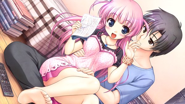 Anime picture 1280x720 with daitoshokan no hitsujikai serizawa miyu bekkankou long hair short hair blue eyes black hair wide image pink hair game cg black eyes couple girl dress boy book (books)