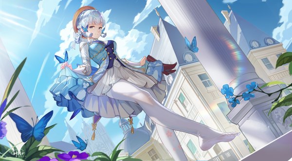 Anime picture 4827x2663 with genshin impact kamisato ayaka kamisato ayaka (springbloom missive) god hunter single looking at viewer fringe highres short hair breasts blue eyes smile wide image standing signed absurdres sky silver hair cloud (clouds) outdoors