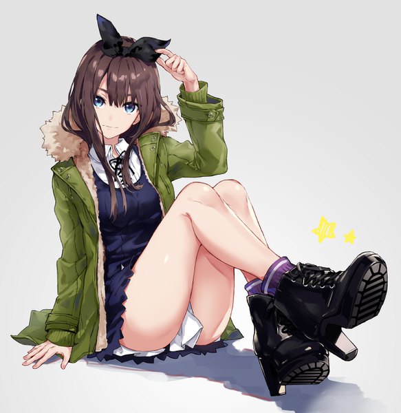 Anime picture 1200x1234 with original arisaka ako single long hair tall image looking at viewer fringe blue eyes light erotic simple background hair between eyes brown hair sitting full body arm up grey background arm support open jacket high heels girl