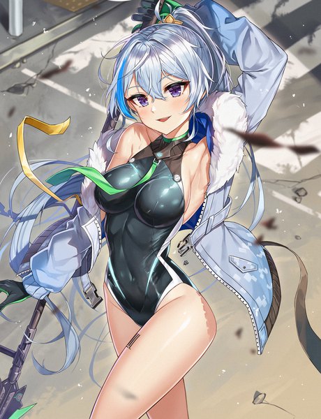 Anime picture 1534x2000 with soul worker ephnel aliceblue single long hair tall image looking at viewer blush fringe breasts open mouth light erotic smile hair between eyes large breasts standing purple eyes holding blue hair silver hair