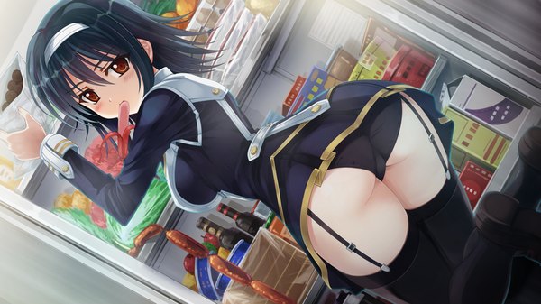 Anime picture 1024x576 with futagoza no paradox blush short hair light erotic black hair red eyes wide image game cg ass looking back eating girl uniform underwear panties school uniform food hairband
