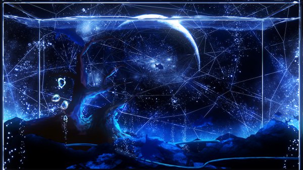 Anime picture 2560x1440 with original y y (ysk ygc) highres wide image night night sky underwater no people bare tree crack plant (plants) animal tree (trees) water bubble (bubbles) fish (fishes) planet earth aquarium