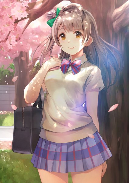 Anime picture 849x1200 with love live! school idol project sunrise (studio) love live! minami kotori cowengium single long hair tall image smile brown hair standing brown eyes outdoors pleated skirt one side up cherry blossoms plaid skirt girl skirt uniform