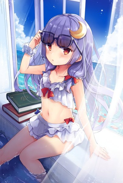 Anime picture 567x839 with touhou patchouli knowledge kedama milk single long hair tall image looking at viewer blush fringe light erotic red eyes sitting sky purple hair cloud (clouds) blunt bangs alternate costume alternate hairstyle wrist scrunchie alternate age