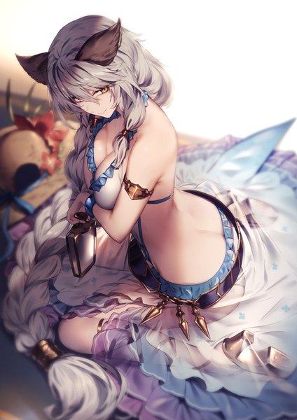 Anime picture 1400x1980 with granblue fantasy heles heles (summer) (granblue fantasy) kyouya (mukuro238) single tall image looking at viewer fringe breasts light erotic hair between eyes sitting bare shoulders animal ears yellow eyes payot cleavage silver hair braid (braids) very long hair