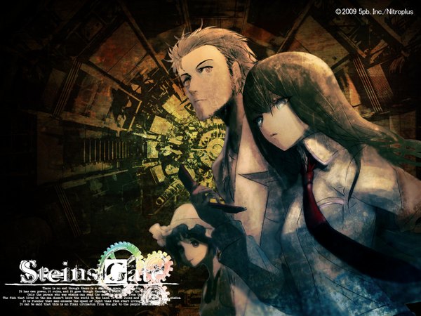 Anime picture 1280x960 with steins;gate white fox makise kurisu shiina mayuri okabe rintarou huke long hair fringe short hair blue eyes hair between eyes brown hair multiple girls upper body parted lips wallpaper 2009 girl boy 2 girls