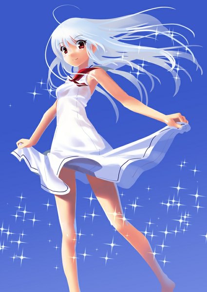 Anime picture 637x900 with original katahira masashi single long hair tall image looking at viewer simple background red eyes ahoge white hair light smile bare legs sparkle blue background dress lift girl dress white dress sundress