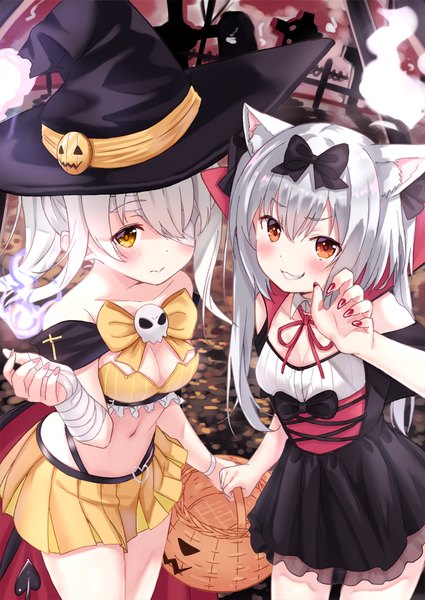 Anime picture 878x1239 with azur lane ayanami (azur lane) yukikaze (azur lane) ayanami (witch in ambush) (azur lane) tsukiman long hair tall image looking at viewer blush fringe breasts light erotic smile hair between eyes large breasts standing bare shoulders multiple girls holding animal ears