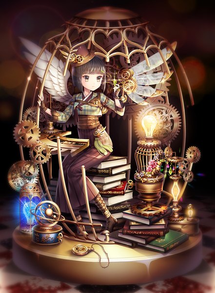 Anime picture 724x985 with original saban single tall image short hair black hair yellow eyes looking away girl dress gloves hat wings fingerless gloves book (books) clock crystal lamp pocket watch gears