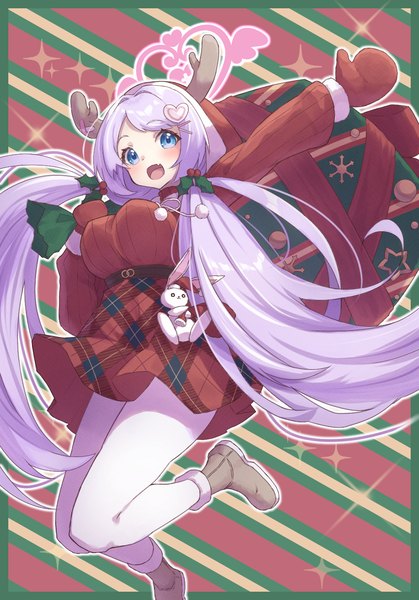 Anime picture 1008x1445 with blue archive hanae (blue archive) hanae (christmas) (blue archive) miimu (nelreg3) single tall image open mouth blue eyes light erotic twintails purple hair very long hair :d horn (horns) low twintails official alternate costume christmas jumping striped background antlers