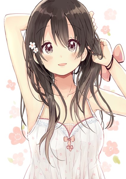 Anime picture 2894x4093 with original sakura oriko single long hair tall image looking at viewer blush fringe highres open mouth black hair simple background hair between eyes white background bare shoulders brown eyes upper body hair flower arms up armpit (armpits)