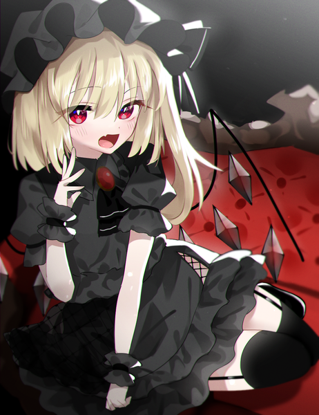 Anime picture 1000x1300 with touhou flandre scarlet suikario single long hair tall image looking at viewer blush fringe open mouth blonde hair hair between eyes red eyes sitting full body :d arm up short sleeves fang (fangs) puffy sleeves