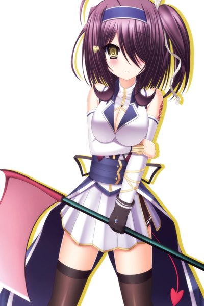 Anime picture 3000x4500 with original toyokawa itsuki (p mayuhime) single long hair tall image blush fringe highres simple background white background yellow eyes purple hair light smile hair over one eye tattoo girl thighhighs black thighhighs single glove