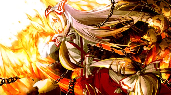 Anime picture 1500x840 with touhou pixiv fujiwara no mokou single long hair red eyes wide image white hair profile skeleton albino girl bow hair bow chain fire skull