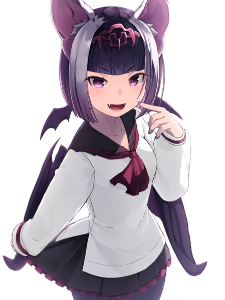 Anime picture 800x1068 with kemono friends common vampire bat (kemono friends) meth (emethmeth) single tall image looking at viewer blush fringe short hair open mouth simple background white background signed animal ears purple hair blunt bangs long sleeves nail polish multicolored hair fingernails