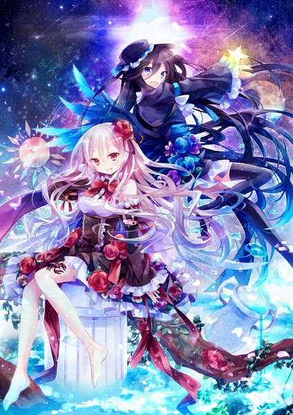 Anime picture 700x990 with original ibara riato tall image looking at viewer breasts open mouth blue eyes black hair smile red eyes sitting multiple girls pink hair sky bent knee (knees) very long hair barefoot hair flower wide sleeves bare legs