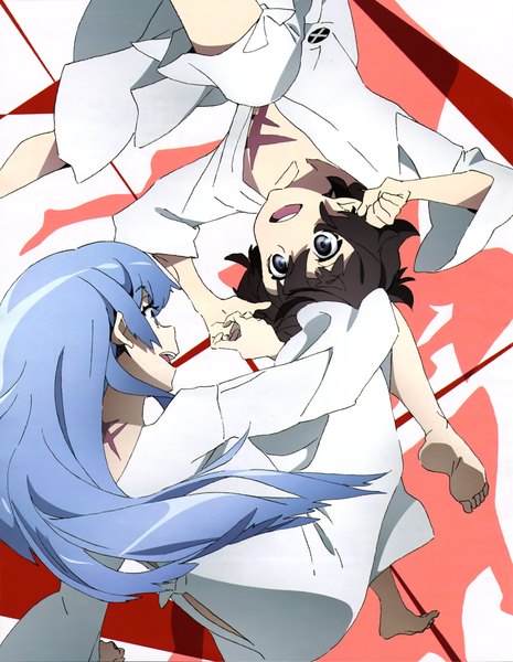 Anime picture 3171x4094 with kiznaiver studio trigger sonozaki noriko agata katsuhira long hair tall image highres short hair open mouth black hair multiple girls blue hair absurdres black eyes official art scar rotational symmetry girl 2 girls labcoat