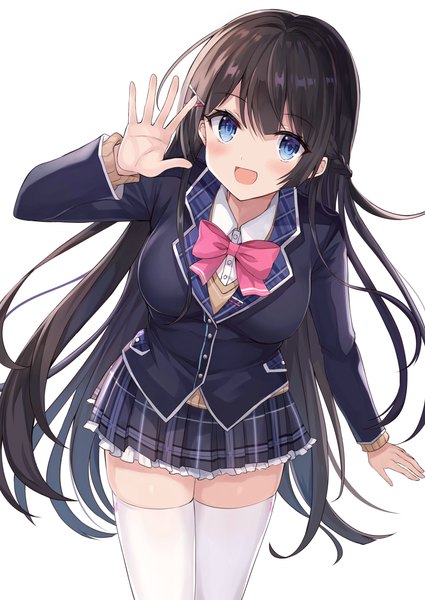 Anime picture 2507x3541 with virtual youtuber nijisanji tsukino mito retsuto single long hair tall image looking at viewer blush highres open mouth blue eyes black hair simple background white background :d zettai ryouiki plaid skirt waving girl