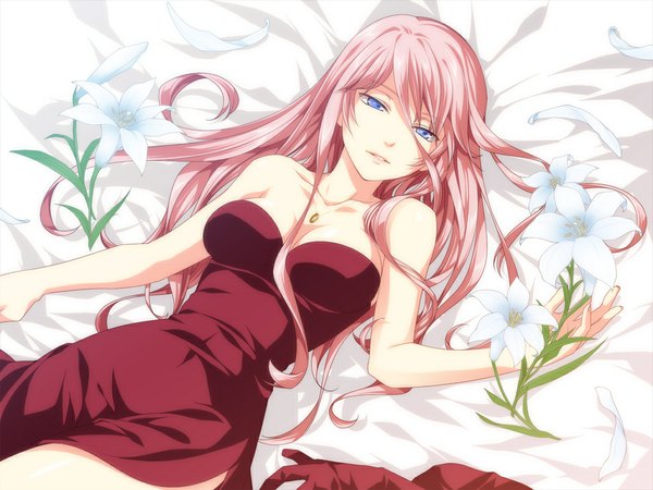 Anime picture 1024x768 with vocaloid megurine luka jyuru single long hair blue eyes pink hair lying girl dress flower (flowers) pendant red dress