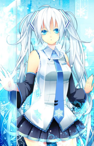 Anime picture 1100x1702 with vocaloid hatsune miku sss3 single long hair tall image highres blue eyes twintails bare shoulders white hair girl skirt detached sleeves miniskirt necktie