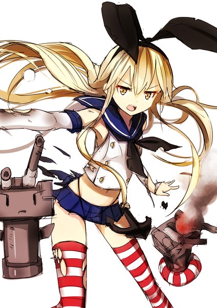Anime picture 800x1132 with kantai collection shimakaze destroyer rensouhou-chan nosuku single long hair tall image looking at viewer open mouth simple background blonde hair white background yellow eyes girl thighhighs gloves bow hair bow elbow gloves white gloves