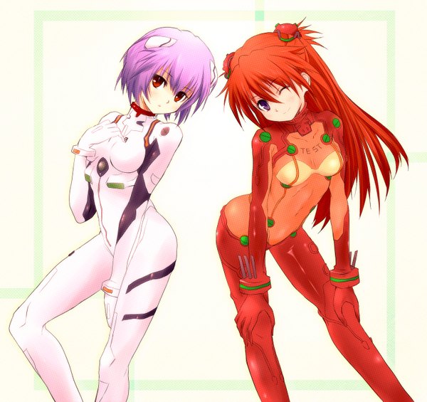 Anime picture 1485x1400 with neon genesis evangelion rebuild of evangelion gainax soryu asuka langley ayanami rei shikinami asuka langley koumori usagi (artist) long hair short hair red eyes white background purple eyes multiple girls purple hair red hair girl 2 girls pilot suit