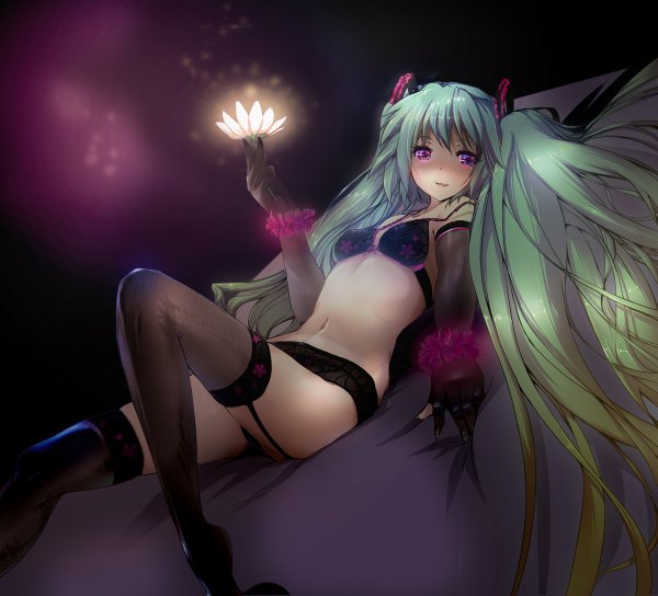 Anime picture 1200x1088 with vocaloid hatsune miku dot r single long hair light erotic purple eyes twintails green hair underwear only girl thighhighs gloves navel underwear panties black thighhighs elbow gloves