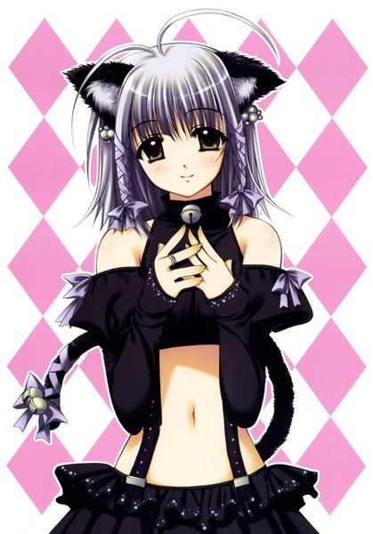Anime picture 2431x3478 with nishimata aoi single tall image highres short hair smile green eyes animal ears absurdres braid (braids) grey hair cat ears cat tail twin braids bell collar girl bell