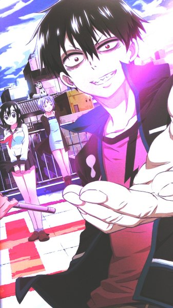 Anime picture 720x1280 with blood lad brains base (studio) charlie blood staz yanagi fuyumi long hair tall image looking at viewer short hair black hair smile red eyes multiple girls sky purple hair cloud (clouds) wind black eyes scan open clothes open jacket