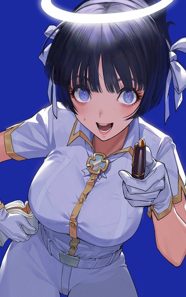 Anime picture 910x1450 with helltaker azazel (helltaker) ekao single tall image looking at viewer blush fringe short hair breasts open mouth blue eyes black hair simple background smile large breasts standing holding blunt bangs :d