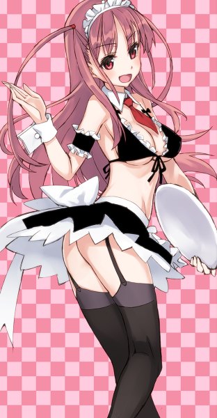 Anime picture 624x1200 with saki atarashi ako matsuryuu single long hair tall image looking at viewer blush breasts open mouth light erotic red eyes pink hair maid checkered checkered background girl skirt uniform miniskirt