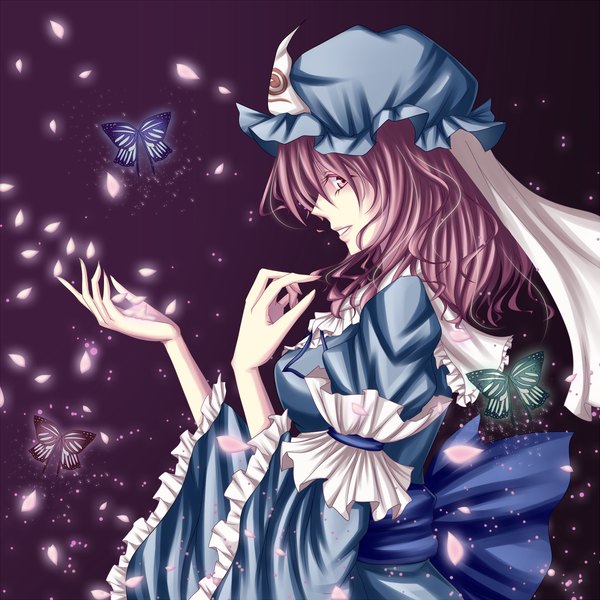 Anime picture 1200x1200 with touhou saigyouji yuyuko mako1984 single purple eyes purple hair profile looking back girl dress petals insect butterfly