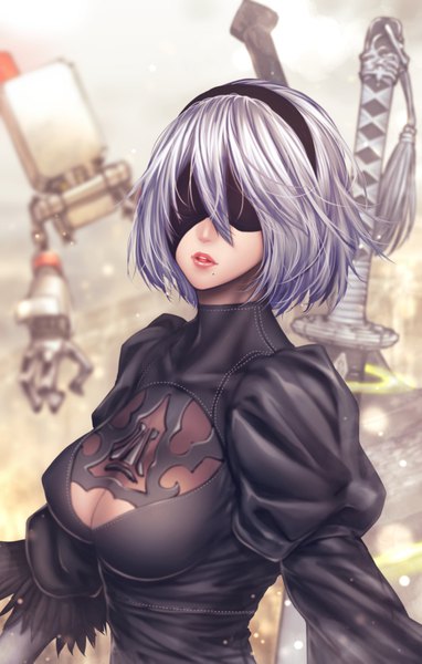 Anime picture 637x1000 with nier nier:automata yorha no. 2 type b pod (nier:automata) zucchini single tall image short hair breasts light erotic cleavage silver hair upper body parted lips mole mole under mouth blindfold girl dress weapon