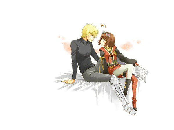 Anime picture 1280x960 with tales of (series) tales of vesperia flynn scifo rita mordio tagme (artist) blush short hair blue eyes simple background blonde hair brown hair white background sitting green eyes profile couple face to face girl boy armor