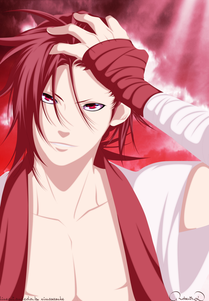 Anime picture 1024x1472 with hakuouki shinsengumi kitan studio deen sanosuke harada dartroberth single tall image short hair red eyes signed red hair light smile coloring light boy bandage (bandages)