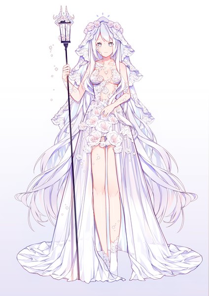 Anime picture 3826x5409 with original pixiv fantasia pixiv fantasia revenge of the darkness miyuki (miyuki0529) single tall image looking at viewer fringe highres breasts standing white background holding absurdres white hair very long hair legs white eyes girl dress