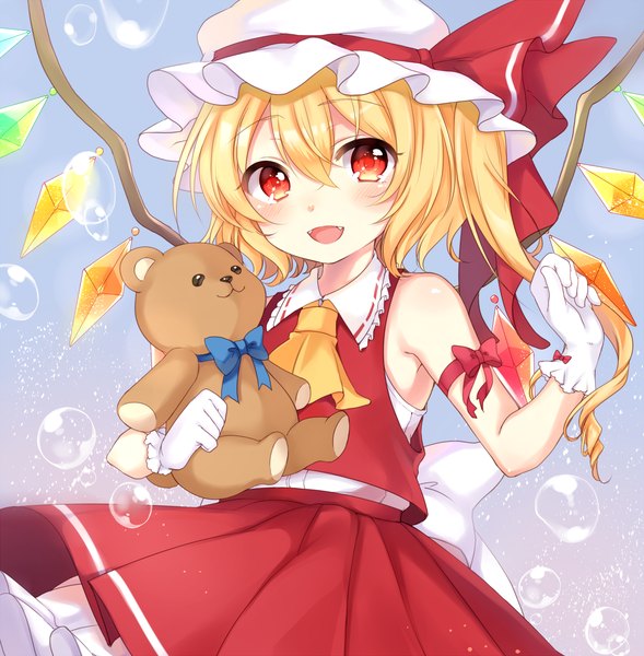 Anime picture 1500x1528 with touhou flandre scarlet paragasu (parags112) single tall image looking at viewer blush fringe short hair open mouth blonde hair smile hair between eyes red eyes bare shoulders fang (fangs) sleeveless one side up adapted costume girl