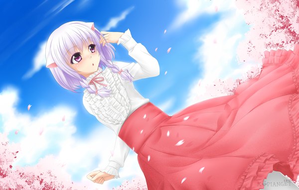 Anime picture 3832x2440 with original illia (original) kopianget single long hair highres animal ears absurdres sky purple hair cloud (clouds) braid (braids) pink eyes from below cherry blossoms girl dress plant (plants) petals tree (trees)