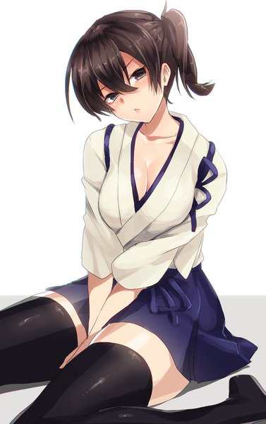 Anime picture 700x1113 with kantai collection kaga aircraft carrier keita (tundereyuina) single tall image looking at viewer blush short hair black hair white background brown eyes traditional clothes side ponytail girl thighhighs black thighhighs